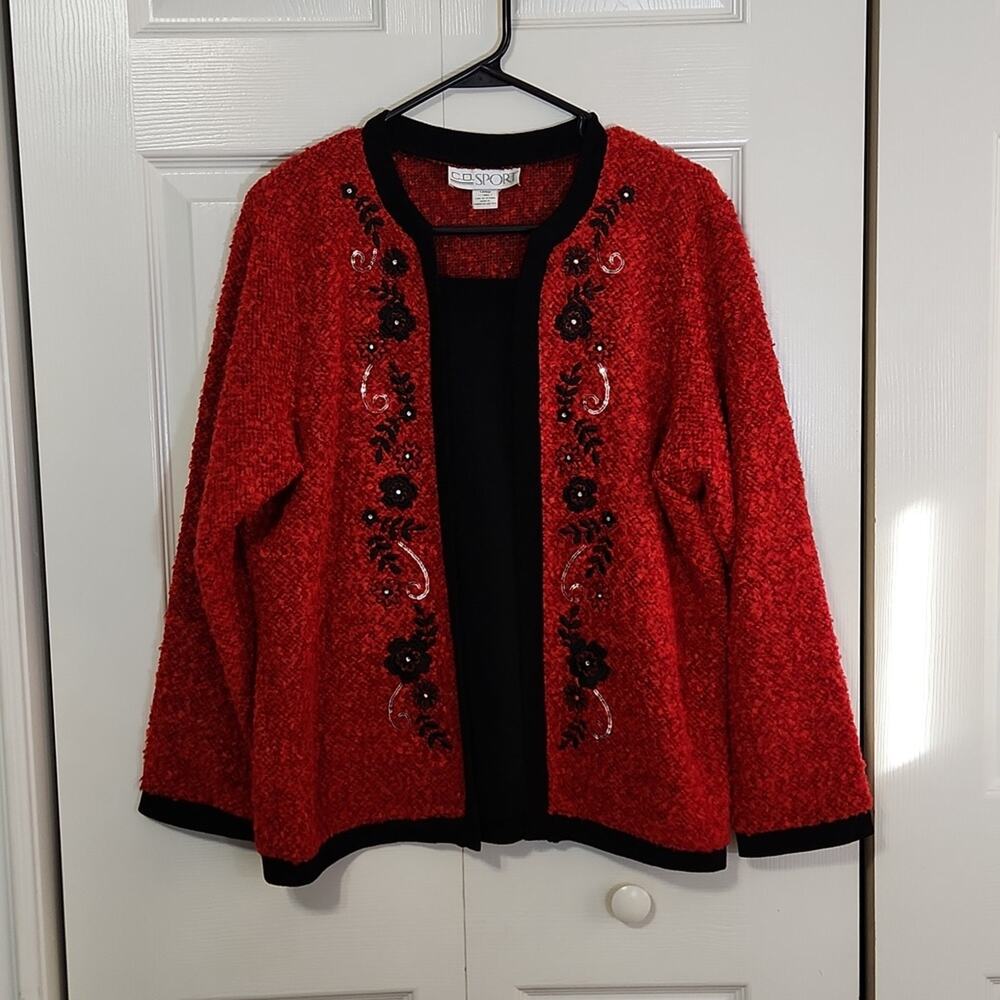 Vintage C.D. Sport Women's Red & Black Floral Embroidered Sweater Size LG Sequin